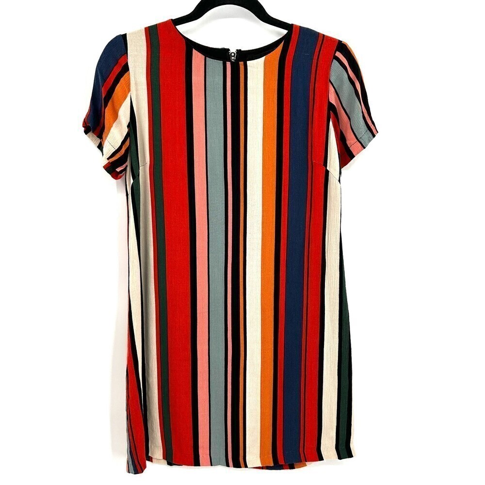 VICI Red Blue Colorful Stripe Short Sleeve Back Zip Mini Shirt Dress Size Small